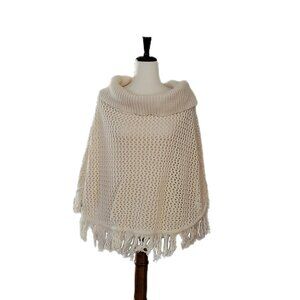 Open Knit Poncho Cream Color Cowl Neck Fringe Made in USA